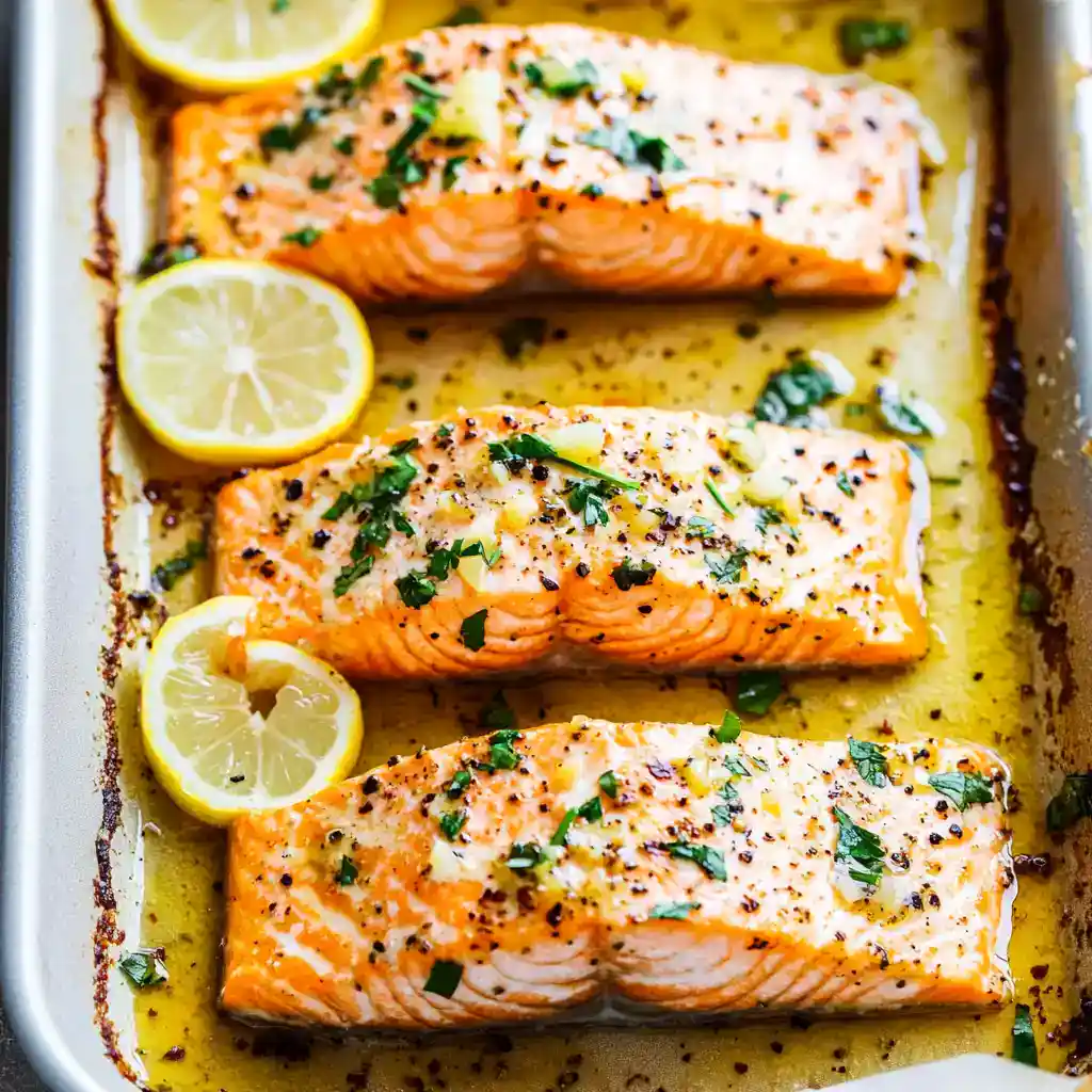 Baked lemon garlic salmon fillets with fresh herbs in a baking dish, garnished with lemon slices, perfect for healthy dinner recipes and seafood lovers.