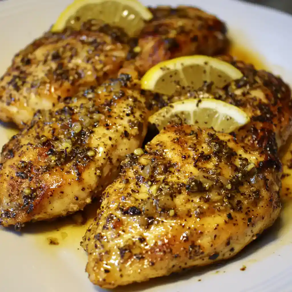 Grilled chicken thighs with lemon and herb seasoning, topped with black pepper and olive oil, served with fresh lemon wedges for added flavor. Perfect for dinner or meal prepping.