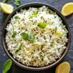 Steamed basmati rice garnished with fresh cilantro, black sesame seeds, and lemon wedges on a dark stone surface. Perfect for a healthy, aromatic rice dish or side.