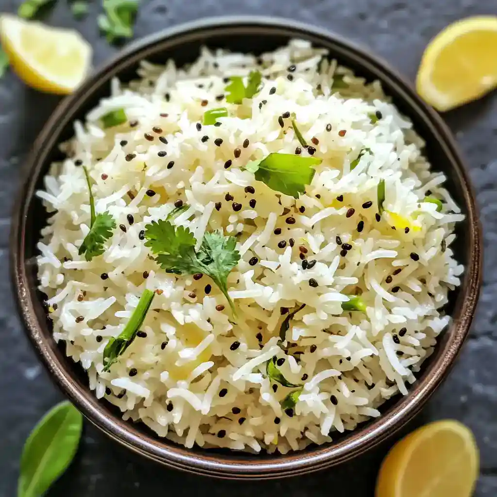 Steamed basmati rice garnished with fresh cilantro, black sesame seeds, and lemon wedges on a dark stone surface. Perfect for a healthy, aromatic rice dish or side.