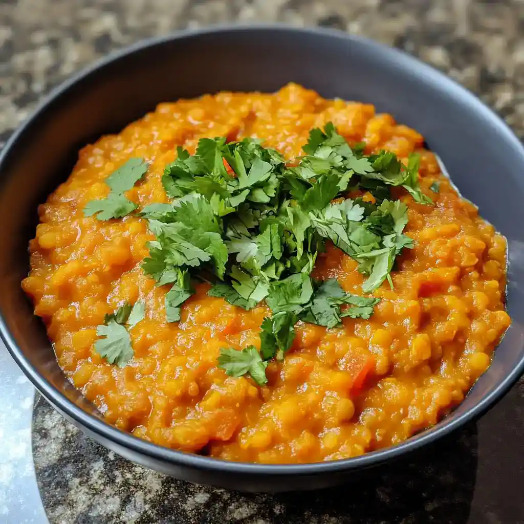 Hearty lentil soup with vegetables garnished with fresh cilantro, served in a black bowl on a granite countertop, perfect for warm, nutritious meals.