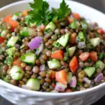 Fresh lentil salad with cucumbers, tomatoes, red onions, and herbs, served in a white bowl. Perfect for healthy eating, vegan recipes, and quick nutritious meals.