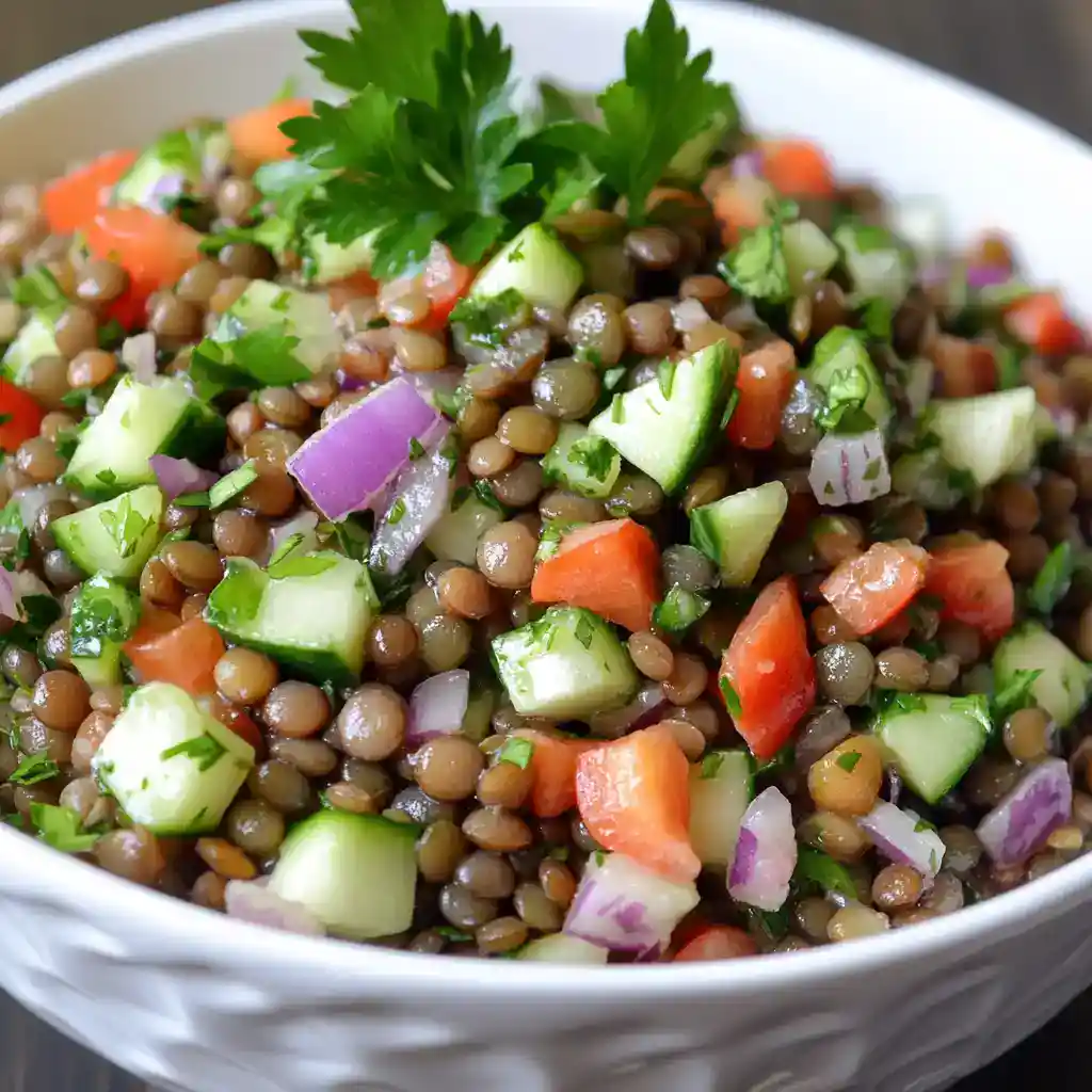 Fresh lentil salad with cucumbers, tomatoes, red onions, and herbs, served in a white bowl. Perfect for healthy eating, vegan recipes, and quick nutritious meals.