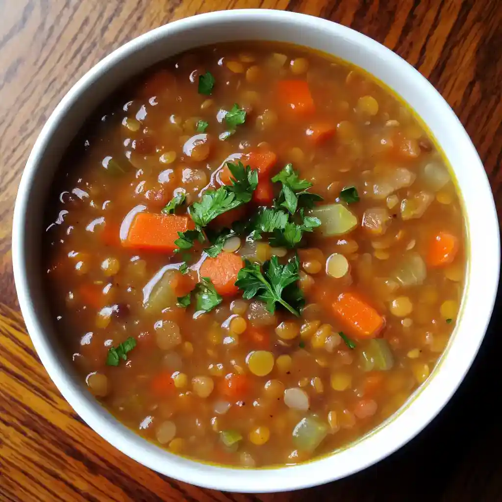 Creamy lentil vegetable soup with carrots, celery, and fresh herbs, perfect for healthy, hearty meals. Easy homemade lentil soup recipe from Station Recipes.