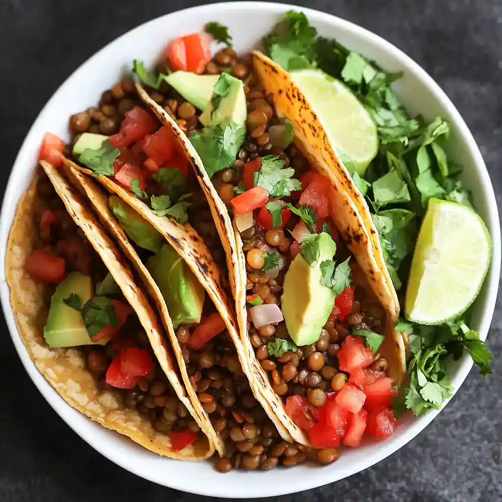 Fresh lentil tacos with avocado, chopped tomatoes, cilantro, lime wedges, and shredded lettuce in a white bowl for healthy, easy Mexican dinner recipes.