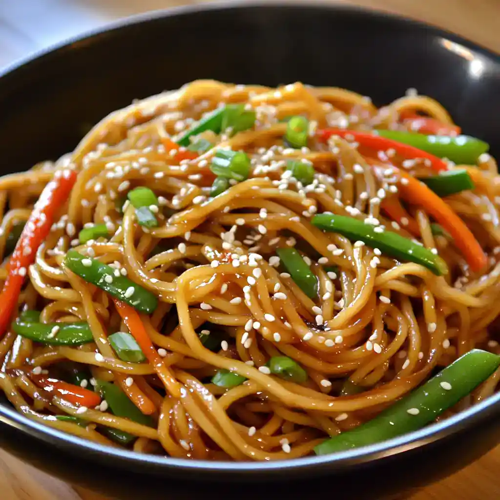 Stir-fried vegetable chow mein with noodles, colorful bell peppers, and green onions garnished with sesame seeds in a black bowl.