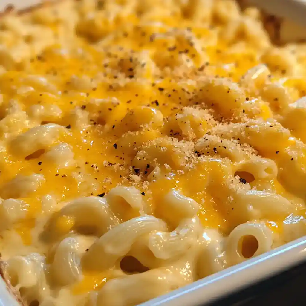 Creamy macaroni and cheese bake with melted cheddar, golden breadcrumb topping, perfect comfort food recipe from Station Recipes.
