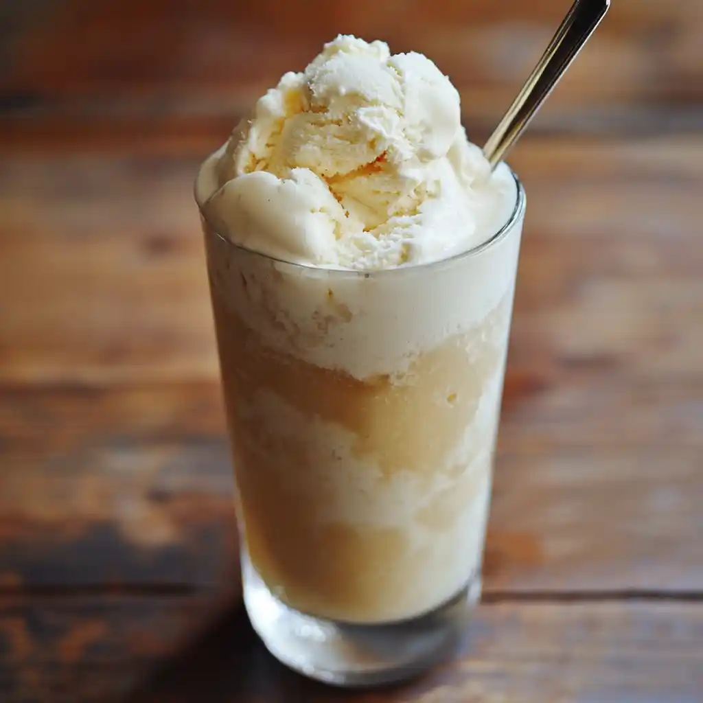 1. Creamy vanilla ice cream float in a tall glass with a straw, served on a rustic wooden table.