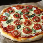 Fresh Margherita pizza with ripe tomato slices, mozzarella cheese, and fresh basil on a crispy crust, perfect for homemade Italian-style pizza recipes and dinner ideas.