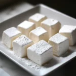 White marshmallows on a square white plate, close-up, perfect for hot chocolate or baking recipes.