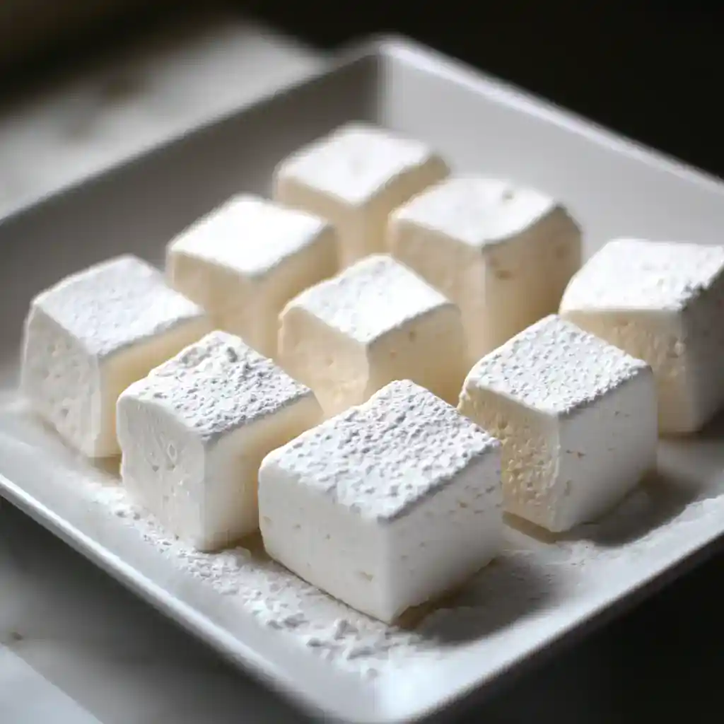 White marshmallows on a square white plate, close-up, perfect for hot chocolate or baking recipes.