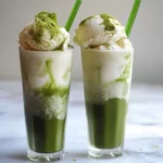 Matcha green tea ice cream milkshake with whipped cream and green straws, topped with matcha powder, served in tall glasses for a refreshing summer treat.