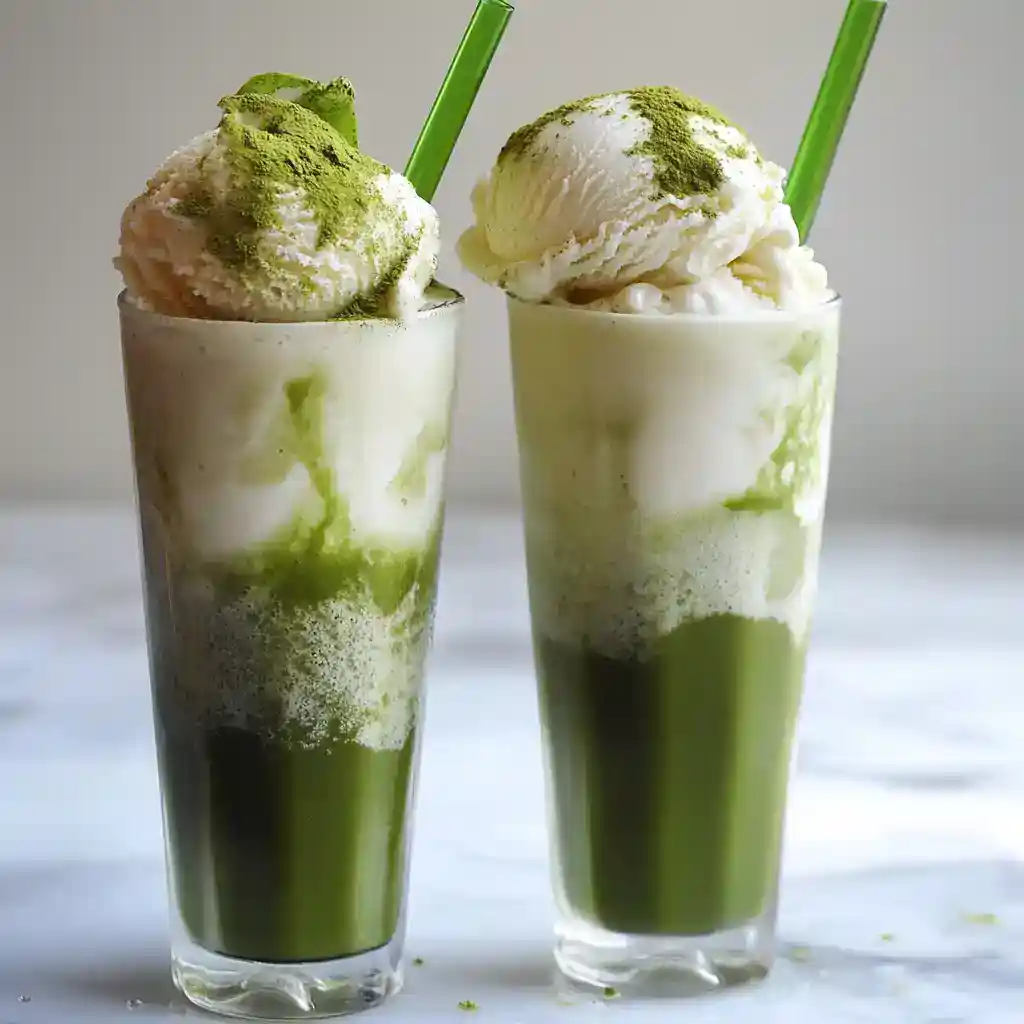 Matcha green tea ice cream milkshake with whipped cream and green straws, topped with matcha powder, served in tall glasses for a refreshing summer treat.