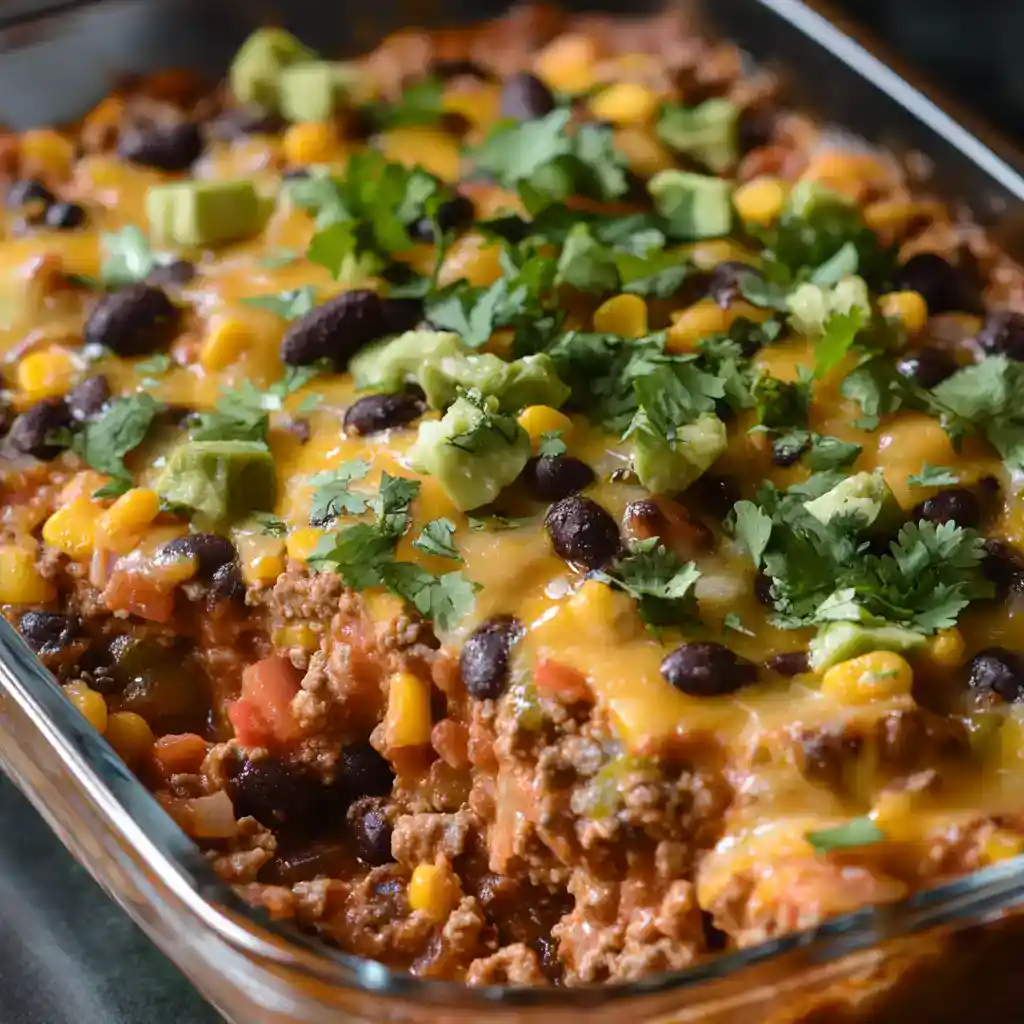 Hearty beef taco casserole with black beans, corn, cheese, and fresh cilantro in a glass baking dish. A flavorful, baked Mexican-inspired dish perfect for easy weeknight dinners or family gatherings.