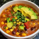 Fresh vegetarian black bean and corn chili topped with diced avocado and cilantro, served in a white bowl. Perfect for a hearty, healthy, and flavorful meal.