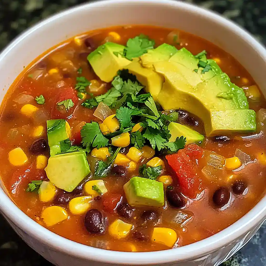 Fresh vegetarian black bean and corn chili topped with diced avocado and cilantro, served in a white bowl. Perfect for a hearty, healthy, and flavorful meal.