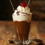 1. Rich chocolate frappe with whipped cream, cherry on top, and chocolate shavings in a glass on a wooden table.