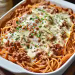 Creamy baked spaghetti with ground beef, melted cheese, and fresh herbs in a white casserole dish, perfect for easy dinner recipes and comfort food.