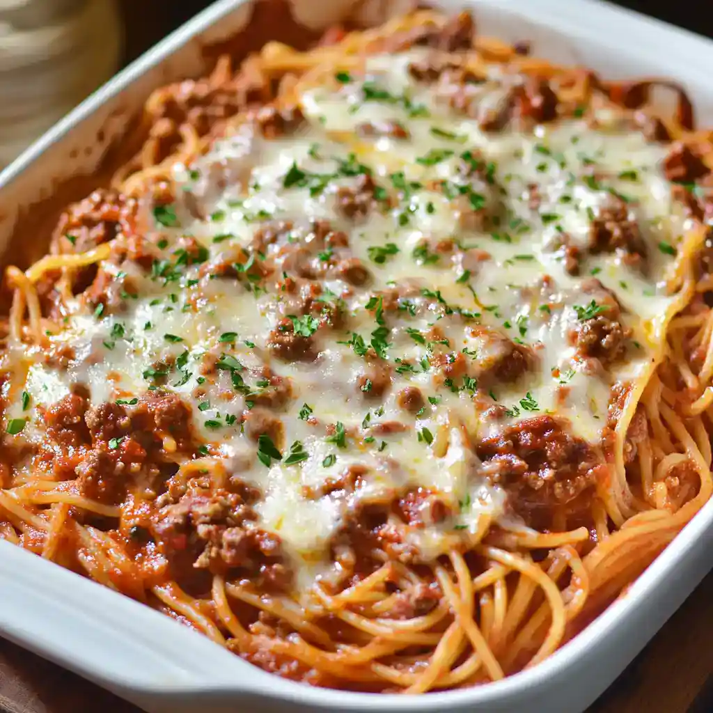 Creamy baked spaghetti with ground beef, melted cheese, and fresh herbs in a white casserole dish, perfect for easy dinner recipes and comfort food.