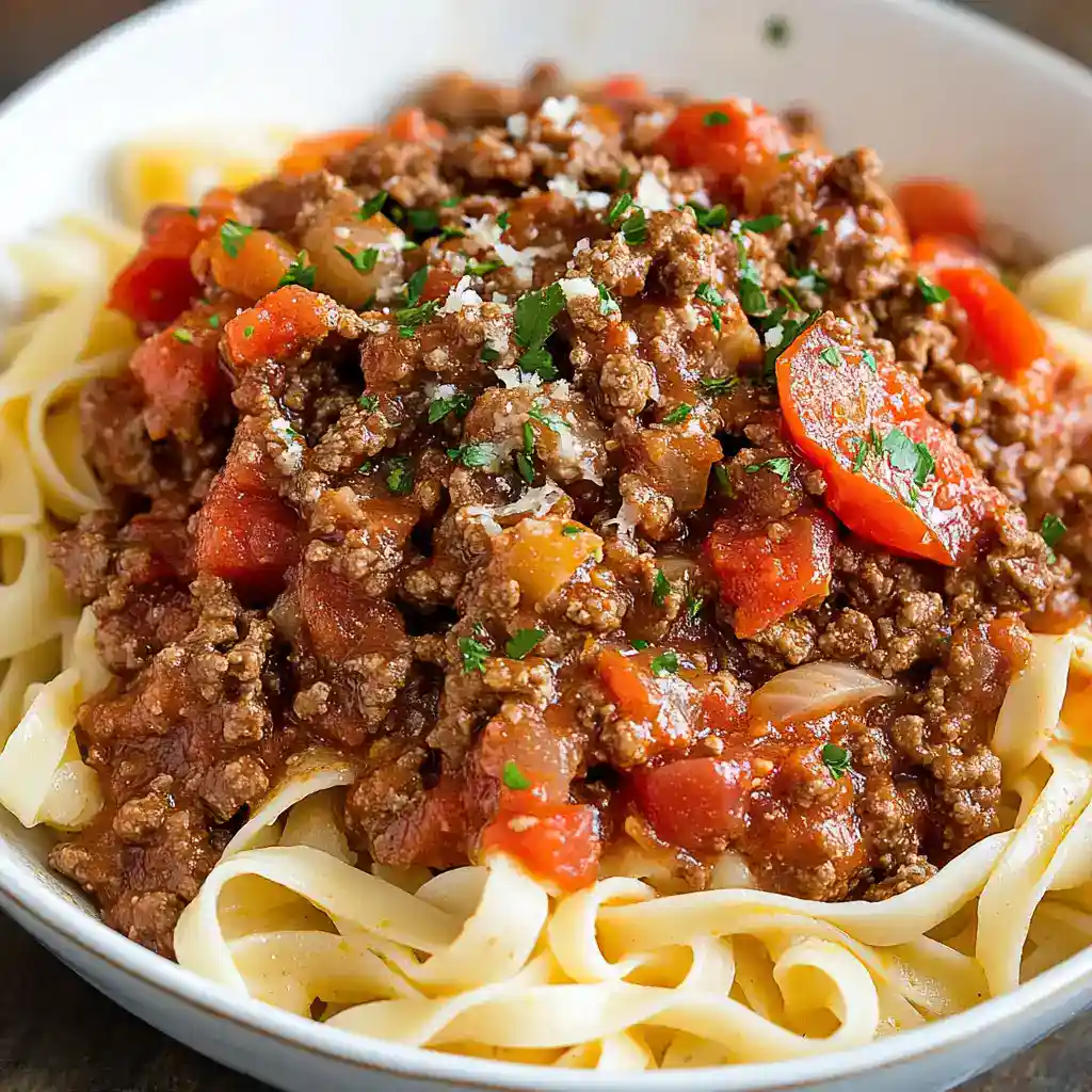Savory beef and tomato sauce over pasta, close-up, Station Recipes, easy homemade pasta recipe, classic Italian beef bolognese, flavorful beef ragù, comforting Italian dinner.