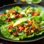 Fresh taco lettuce wraps filled with seasoned ground beef, avocado, tomatoes, corn, and cilantro, perfect for a healthy and flavorful meal.