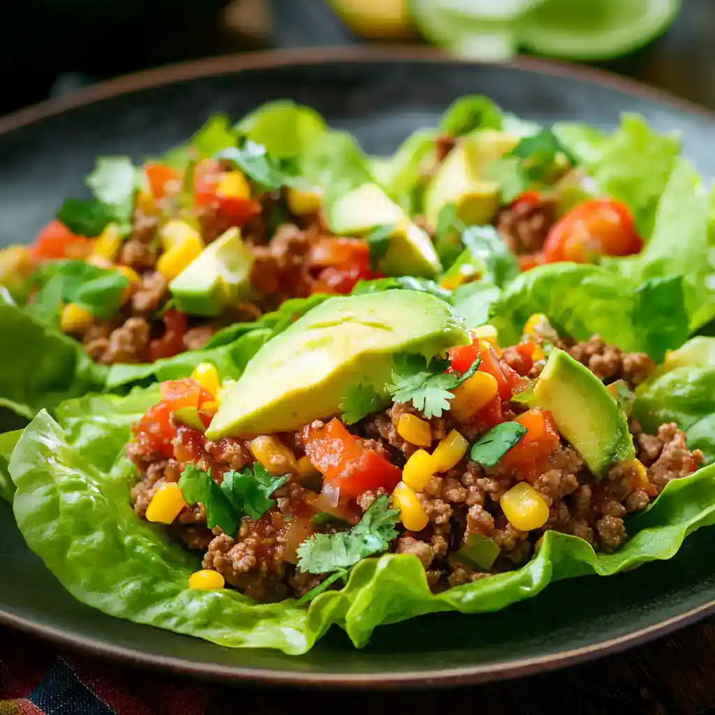 Fresh taco lettuce wraps filled with seasoned ground beef, avocado, tomatoes, corn, and cilantro, perfect for a healthy and flavorful meal.
