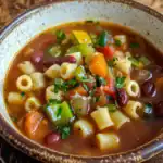 Hearty vegetable minestrone soup with pasta and beans in a rustic bowl, perfect for healthy comfort food recipes.
