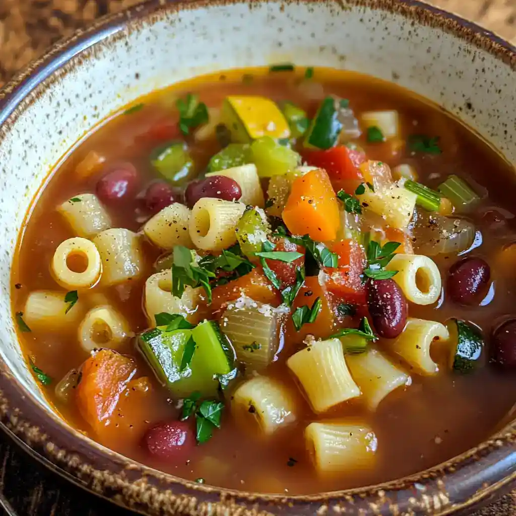Hearty vegetable minestrone soup with pasta and beans in a rustic bowl, perfect for healthy comfort food recipes.