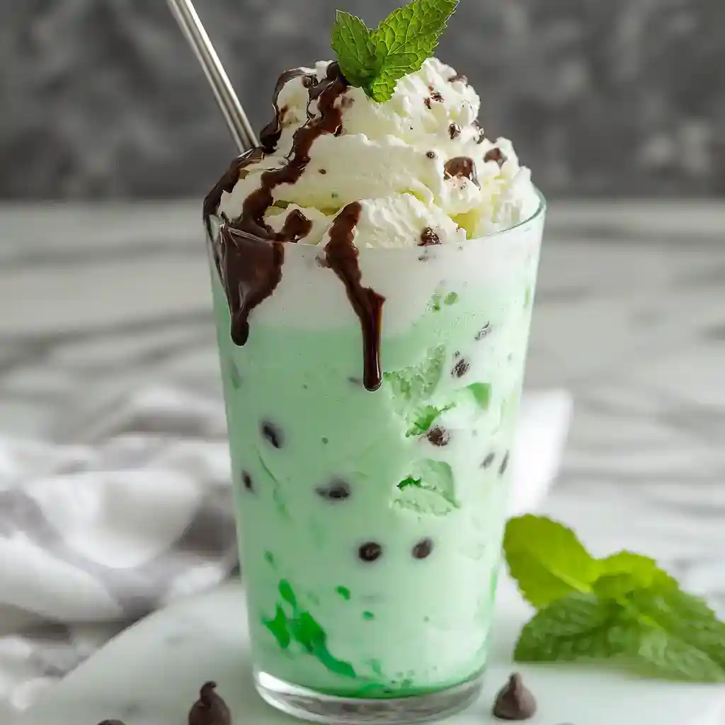 Creamy mint chocolate chip milkshake topped with whipped cream, chocolate syrup, and fresh mint leaf, perfect for summer refreshment and dessert.