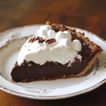 Rich chocolate pie with whipped cream and pecans on a vintage plate, perfect for dessert recipes, easy chocolate pie, and creamy chocolate desserts.