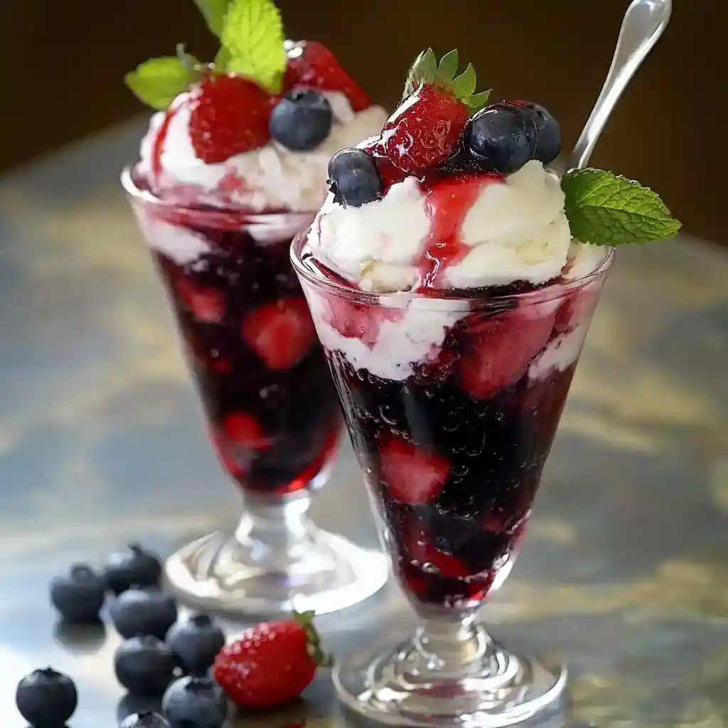 Sweet berry dessert with fresh strawberries, blueberries, mint leaves, and whipped cream in elegant glasses for summer treats.
