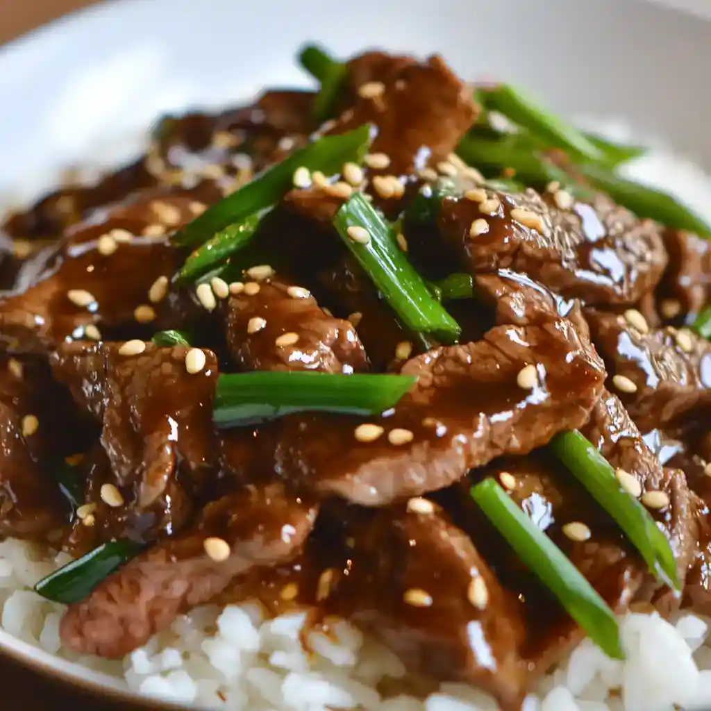 Sautéed beef with green onions and sesame seeds drizzled in savory sauce served over white rice - a delicious Asian-inspired meal.