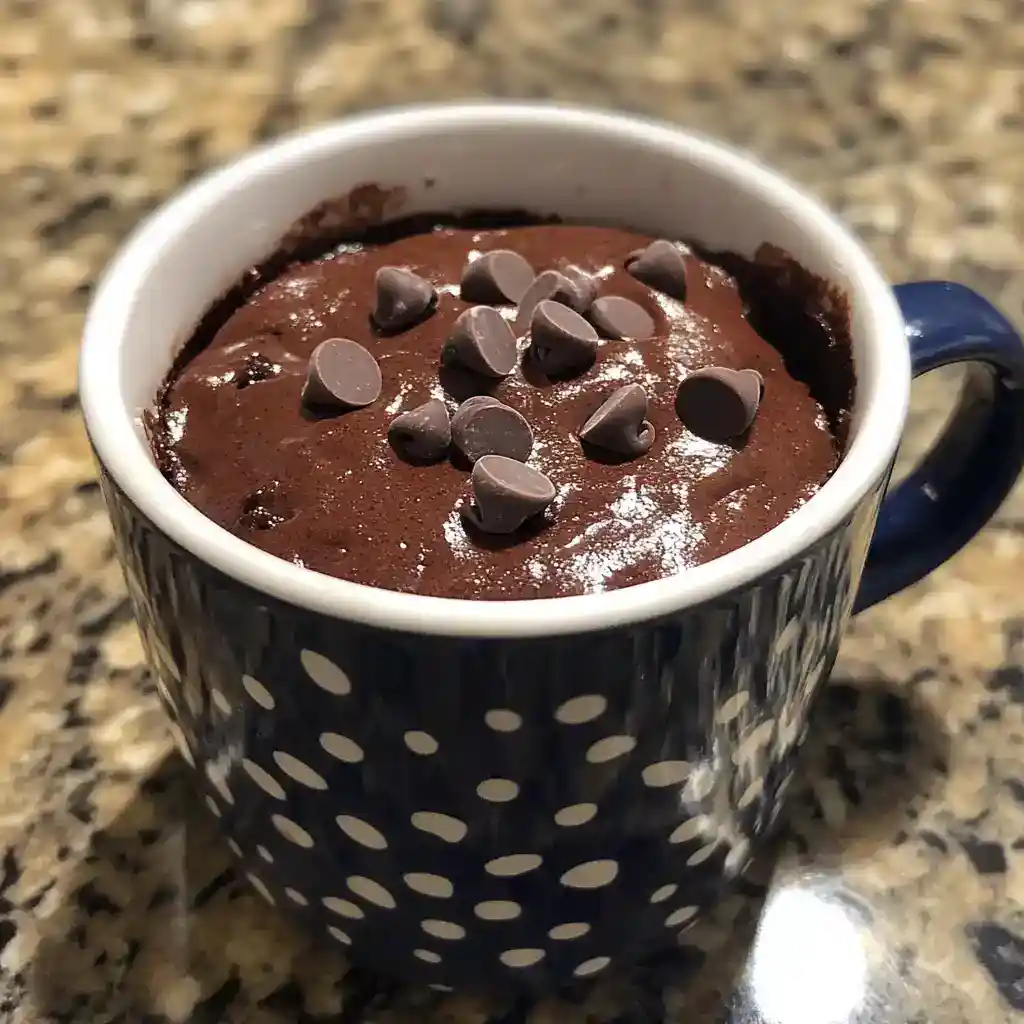 Rich chocolate mug cake topped with chocolate chips on a speckled granite countertop.