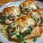Baked chicken breasts stuffed with spinach, mushrooms, and melted cheese, topped with herbs and spices, showcasing a delicious and healthy Station Recipes favorite.
