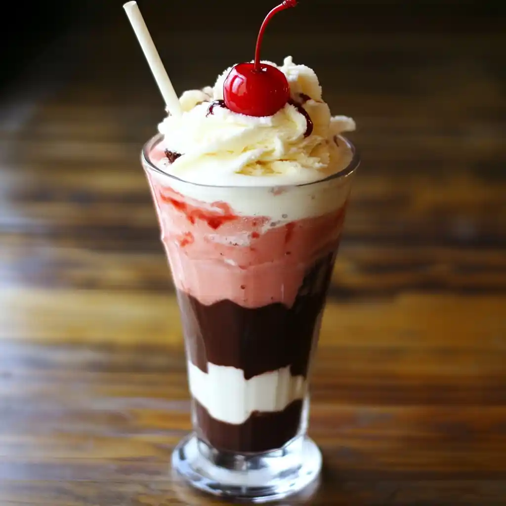 Sweet layered ice cream soda with cherry and whipped topping, perfect for summer desserts.