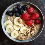 Fresh berry oatmeal topped with banana slices and crunchy nuts, perfect for a nutritious breakfast.