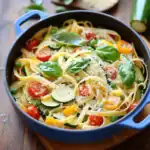 Fresh vegetable pasta with cherry tomatoes, zucchini, peas, and basil in a creamy sauce, served in a blue skillet. Healthy, easy vegetarian recipe perfect for quick weeknight dinners.