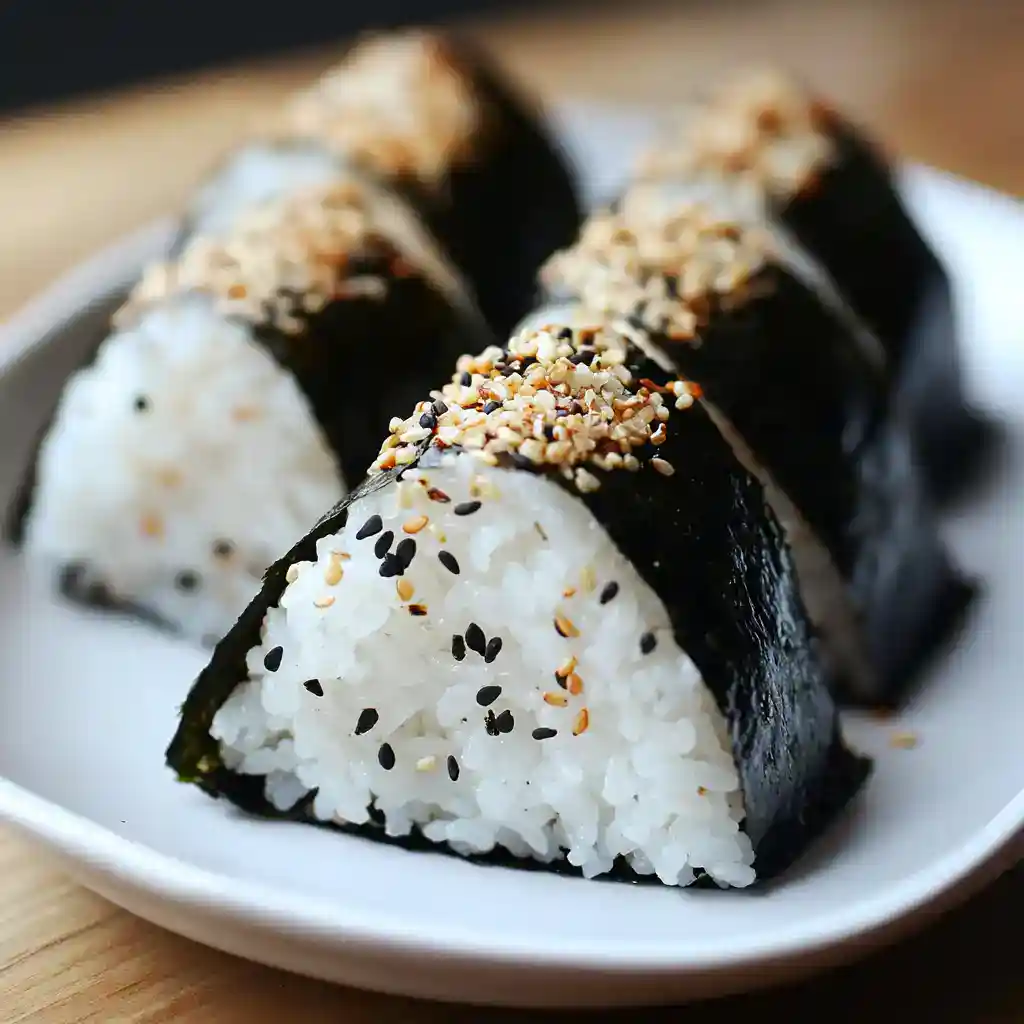 Fresh sushi rice balls wrapped in nori seaweed, topped with chopped nuts and black sesame seeds, served on a white plate. Perfect for Japanese cuisine and sushi recipes.