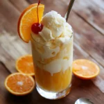 Creamy orange sherbet float topped with whipped cream, maraschino cherry, and fresh orange slice on a glass. Perfect refreshing summer drink with citrus flavor.