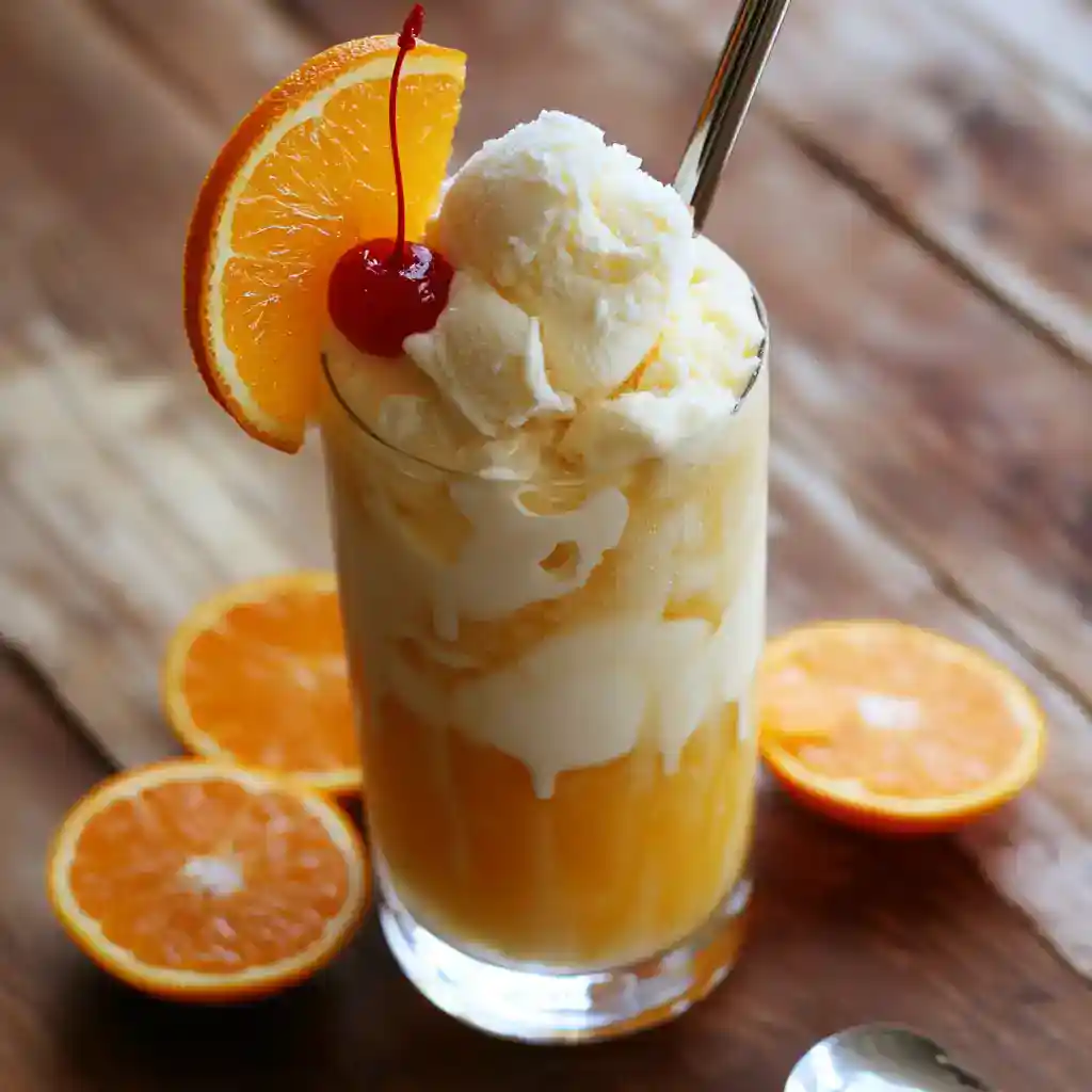 Creamy orange sherbet float topped with whipped cream, maraschino cherry, and fresh orange slice on a glass. Perfect refreshing summer drink with citrus flavor.
