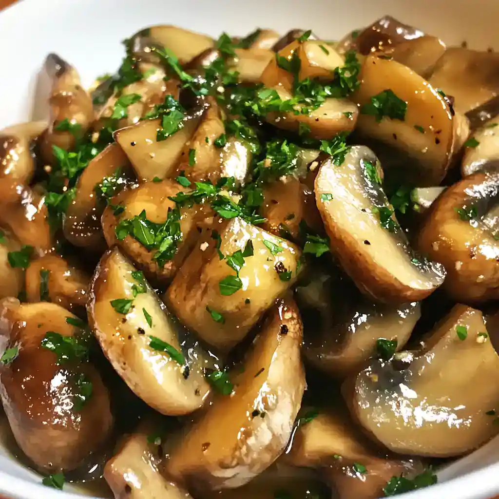 Sauteed garlic mushrooms garnished with fresh parsley, a delicious and savory side dish perfect for any meal, easy to prepare with fresh mushrooms and flavorful seasonings.
