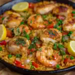 Succulent shrimp and chicken paella with fresh herbs, lemon wedges, and colorful vegetables in a black skillet, served as a flavorful and vibrant seafood rice dish for dinner or special occasions.