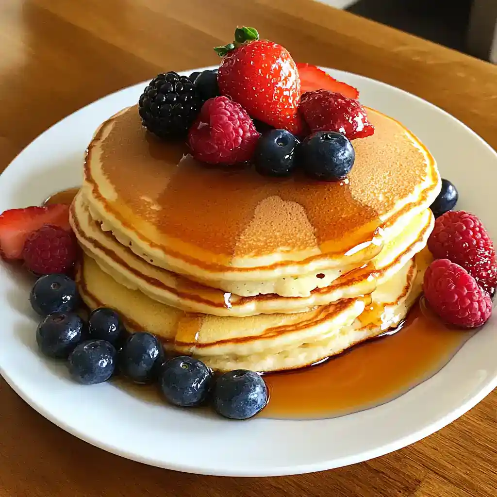Fluffy stack of pancakes drizzled with syrup, topped with fresh mixed berries including strawberries, blueberries, raspberries, and blackberries, served on a white plate with a wooden table background.