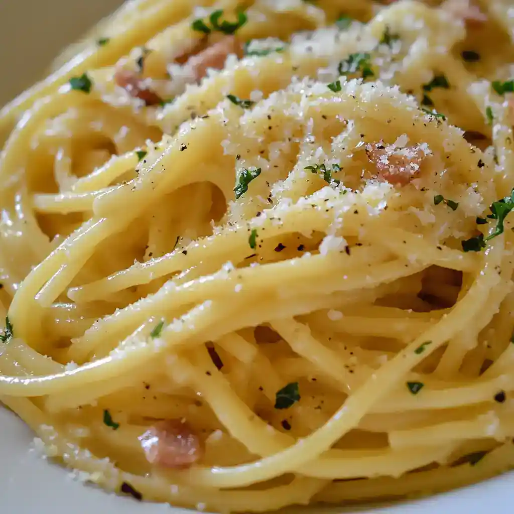 Creamy Parmesan Spaghetti Carbonara with crispy bacon, fresh herbs, and a rich cheese sauce perfect for quick dinner recipes.
