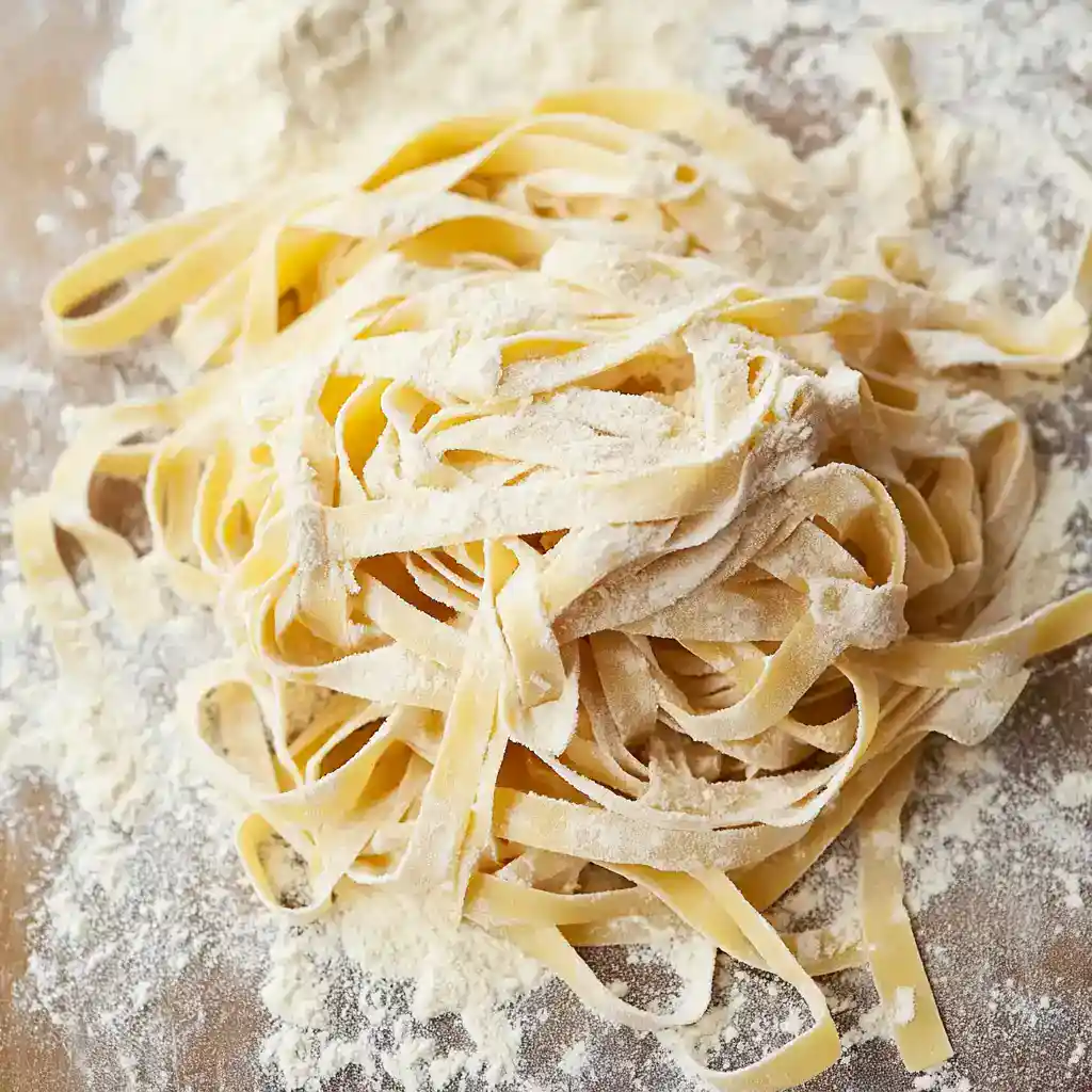 Fresh homemade fettuccine pasta with flour dusting, perfect for delicious Italian dishes.