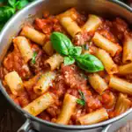 Creamy tomato basil pasta in a skillet with fresh basil and grated cheese, perfect for quick and flavorful weeknight dinners.