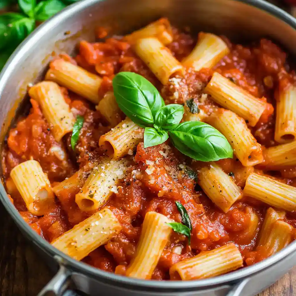 Creamy tomato basil pasta in a skillet with fresh basil and grated cheese, perfect for quick and flavorful weeknight dinners.