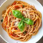 Golden Spaghetti Marinara with Fresh Basil, Parmesan, and Olive Oil on White Plate—Classic Italian Pasta Recipe from Station Recipes.