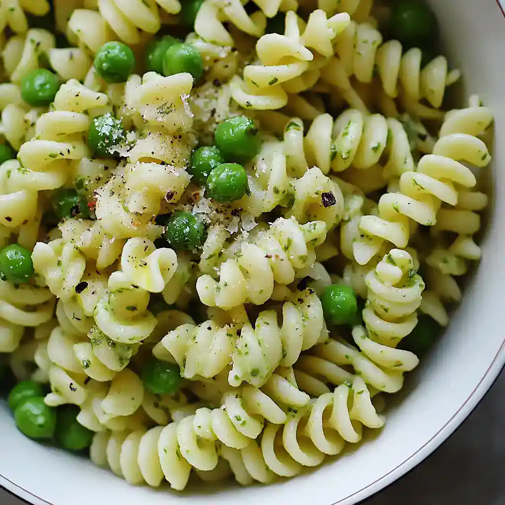 Creamy pesto pasta with green peas and grated Parmesan cheese, served in a white bowl, featuring spiral fusilli pasta and fresh herbs for a flavorful vegetarian meal.