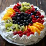 Fresh fruit pavlova decorated with whipped cream, strawberries, blueberries, blackberries, raspberries, kiwi, and mango for a colorful fruit dessert.